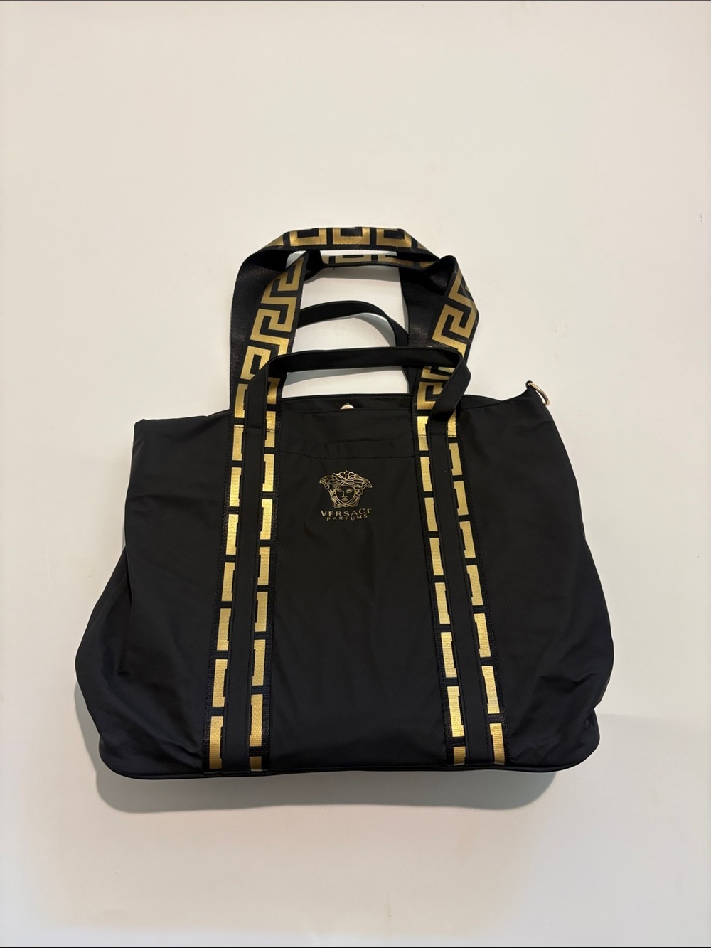 Versace Parfums Black Tote with Gold Greek Key Straps